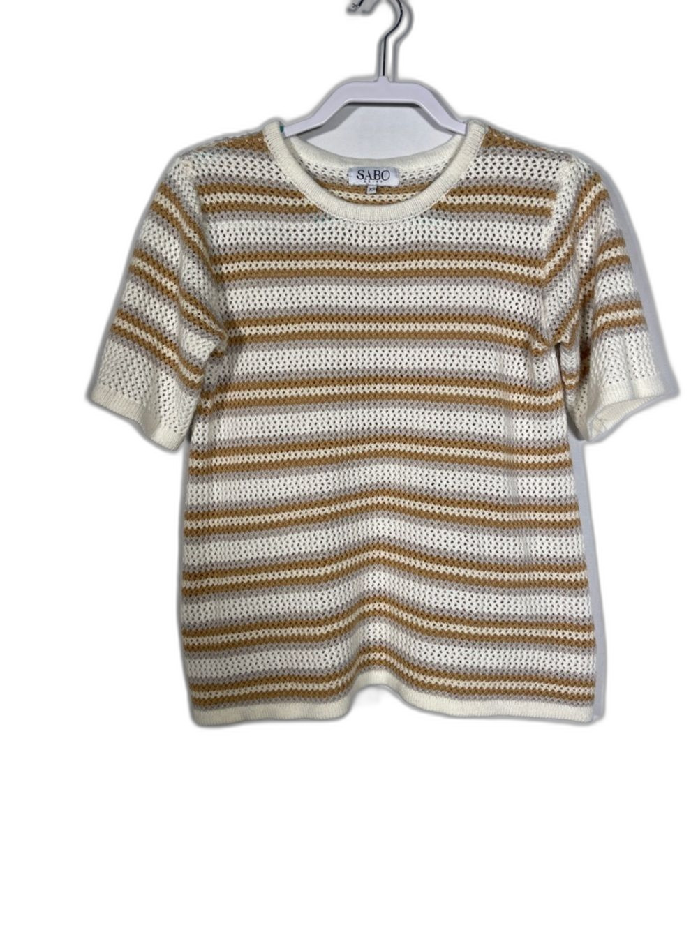 SABO SKIRT WOMENS KNIT BLOUSE TOP STRIPES TAN WHITE XS